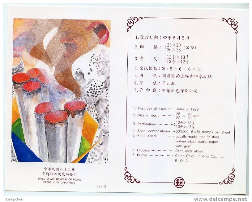 Folder 1993 Environmental Protection Stamps Violin Trumpet Music Kid Drawing Tobacco Cigarette Flower Family - Polucion