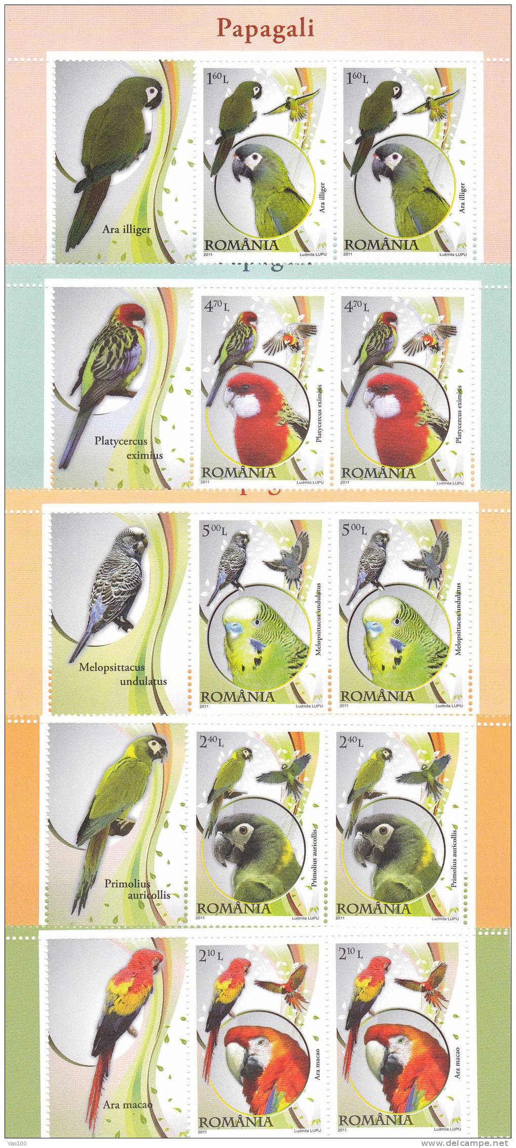 Perroquets,Parrots 2011 MNH Full Set In Pair + Labels ! - Romania - Neufs