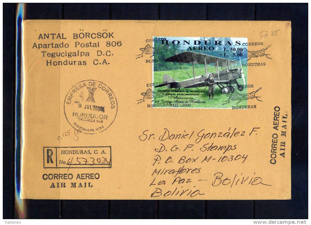 Honduras 2004 Stamp Of YT BF62 On Cover To Bolivia. Summer B. Morgan And Aeromarino Plane. 75th An Air Mail. Lobster. - Honduras