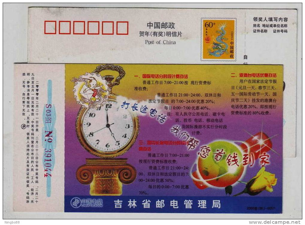 Clock,yellow Rose,CN 00 Jilin Posts & Telecommunications Administration Saving Money On Long Distance Telephone PSC - Horloges
