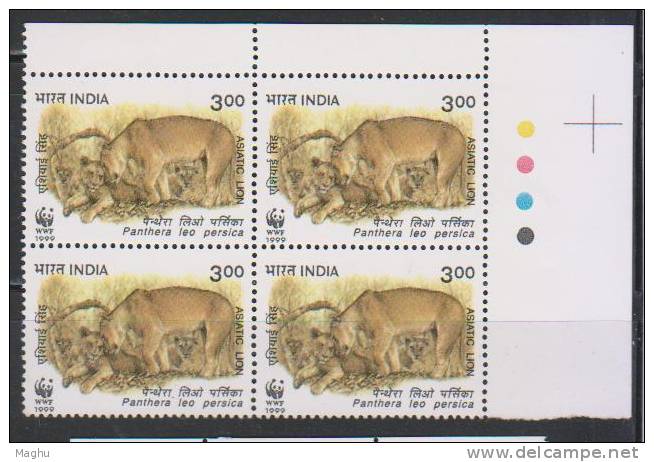 India MNH 1999, Block Of 4 Asiatic Lions, Lion, Animal,, WWF, W.W.F., - Blokken & Velletjes