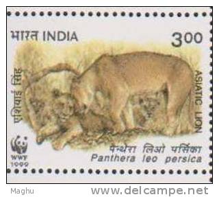 India MNH 1999, Block Of 4 Asiatic Lions, Lion, Animal,, WWF, W.W.F., - Blokken & Velletjes