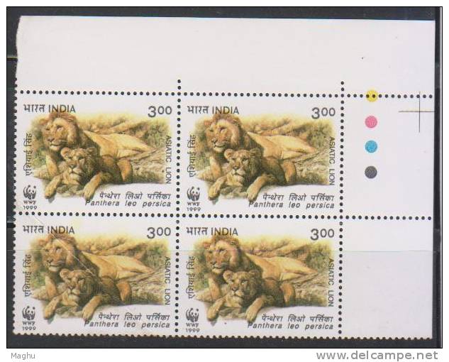 India MNH 1999, Block Of Asiatic Lions, Lion, Animal, WWF, W.W.F., As Scan, Folded - Blocks & Kleinbögen