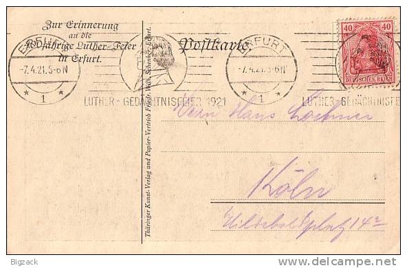 DR AK Grußaus Der Lutherstadt Erfurt EF Minr.145 SST Erfurt 7.4.21 Luther-Gedächtnisfeier 1921 - Covers & Documents