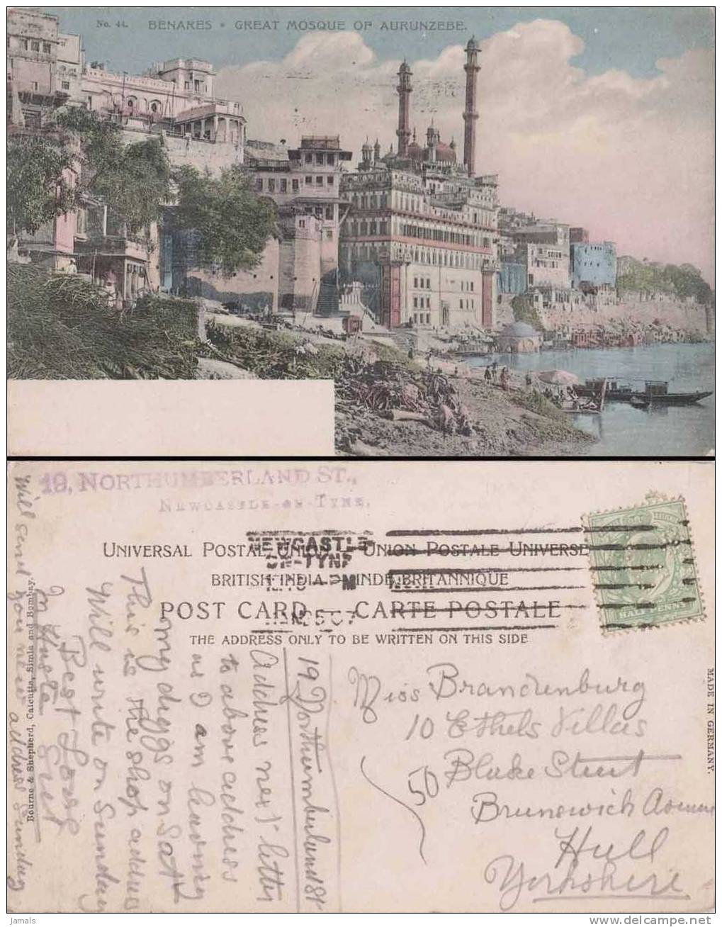 Br India King Edward Perfin Stamp, Bearing On Vintage Postcard, Aurengzeb Mosque, Dharahra Mosque, Benaras, India - 1902-11 Roi Edouard VII