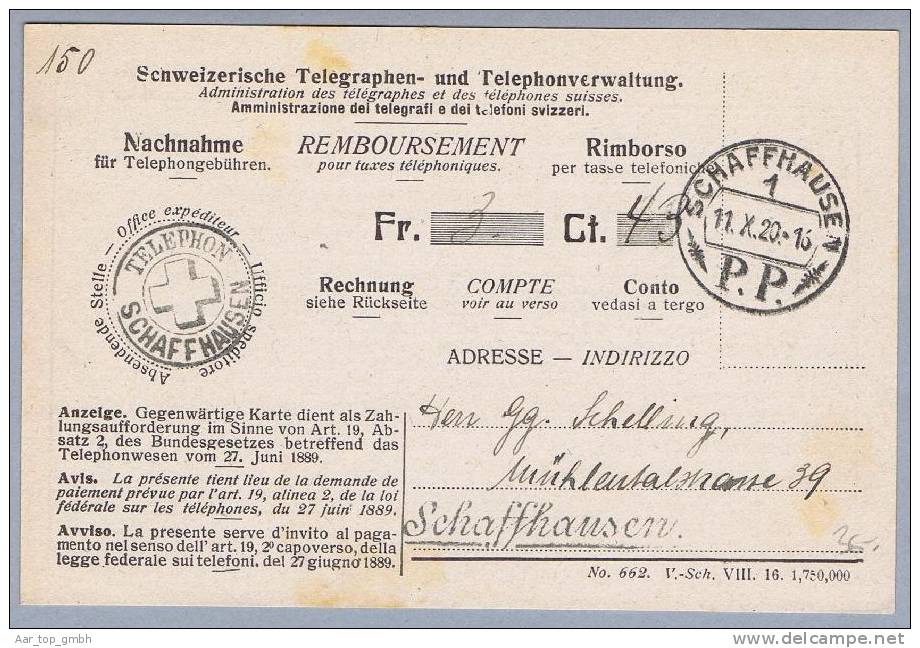Heimat SH Schaffhausen 1920-10-11 Telefon-Stempel Auf Nachnahmebeleg - Telegrafo