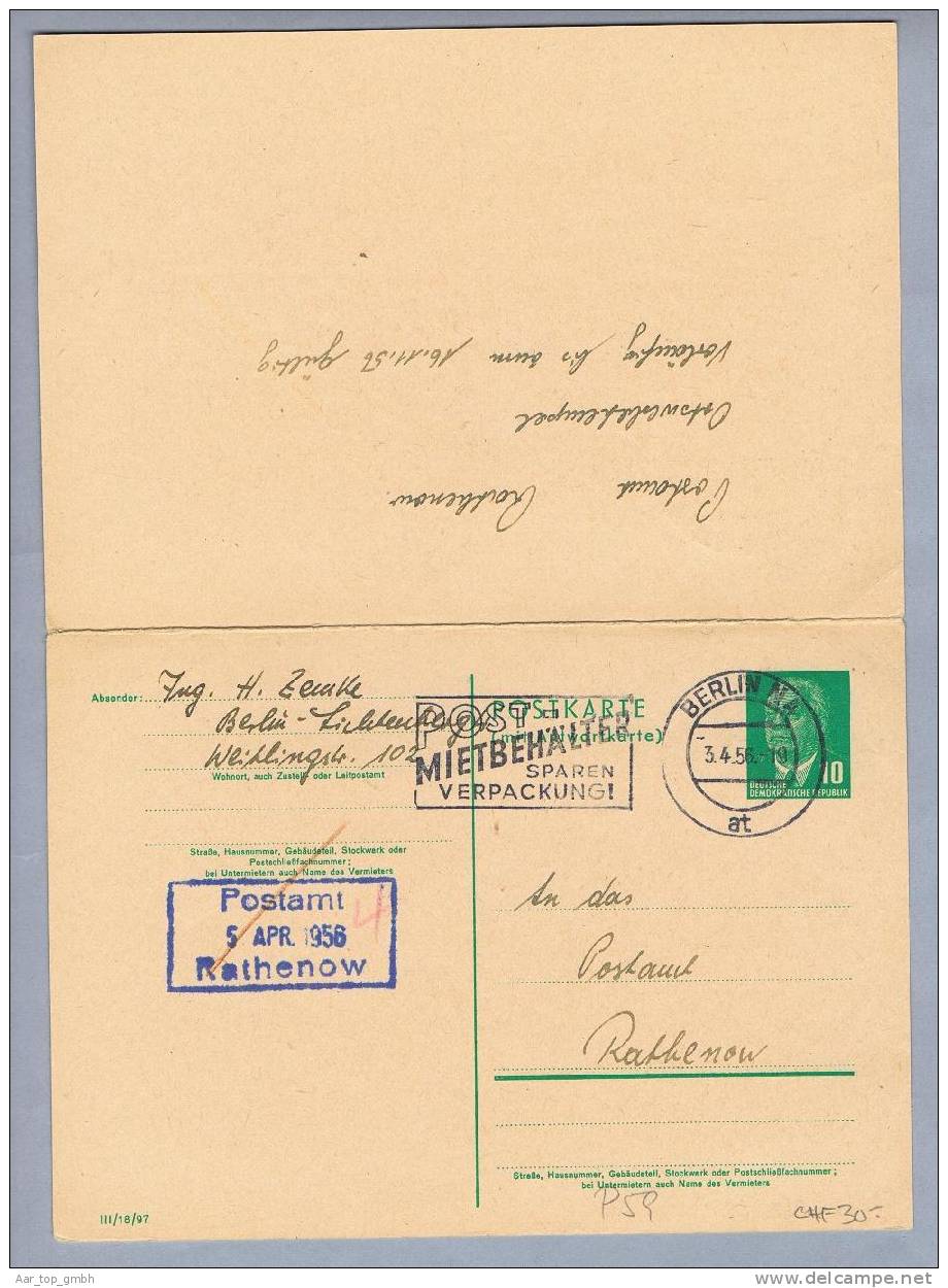 DDR Ganzsache 1956-04-03 Doppelkarte Mit Werbestempel Rathenow - Postales - Usados