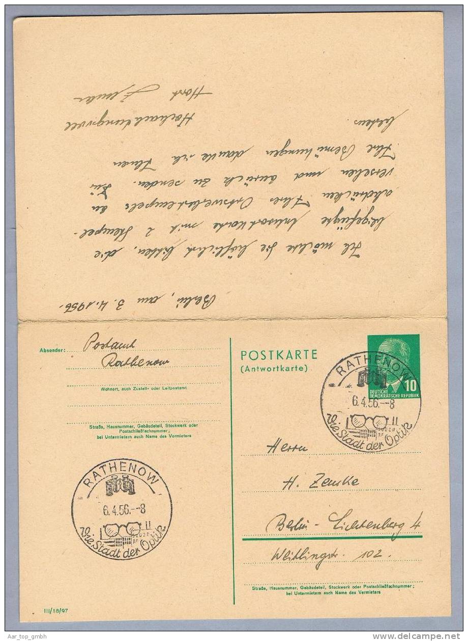 DDR Ganzsache 1956-04-03 Doppelkarte Mit Werbestempel Rathenow - Cartoline - Usati