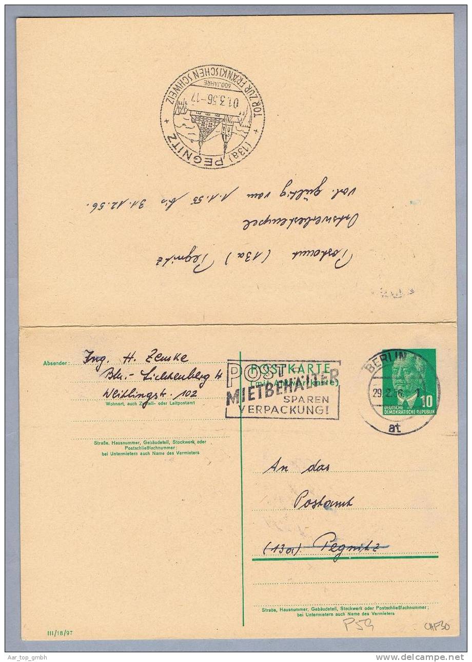 DDR Ganzsache 1956-04-03 Doppelkarte Mit Werbestempel Pegnitz - Cartes Postales - Oblitérées