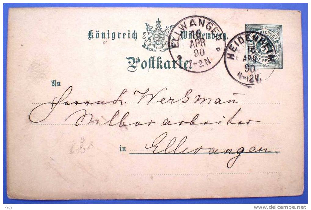 Ellwangen,Ganzsache,Silberarbeiter  L.Werkmann, Heidenheim,Frau Rob.Meebold,1890 - Sonstige & Ohne Zuordnung