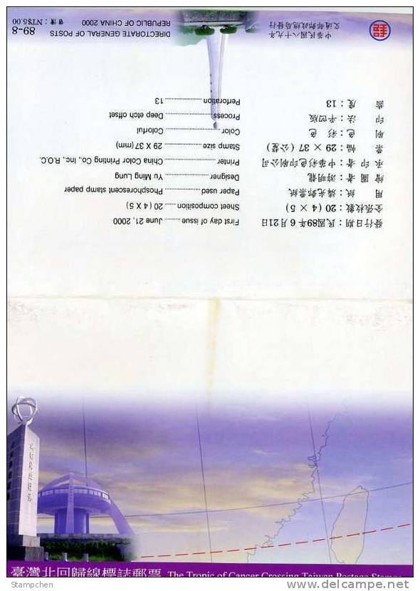 Folder 2000 Tropic Cancer Crossing Taiwan Stamps Astronomy Scenery - Astrologie
