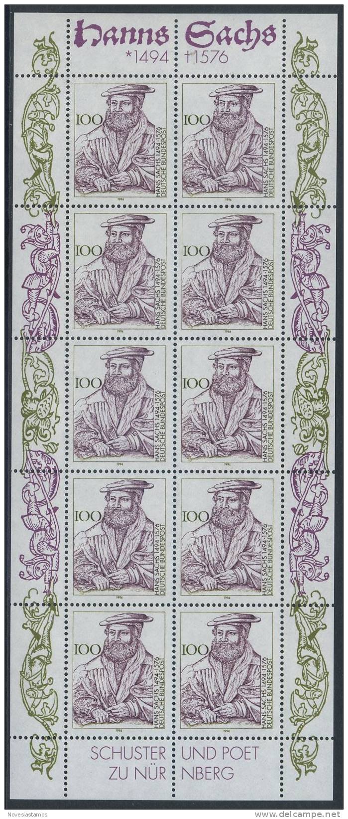 !a! GERMANY 1994 Mi. 1763 MNH SHEET(10) -Hans Sachs, Poet - 1991-2000