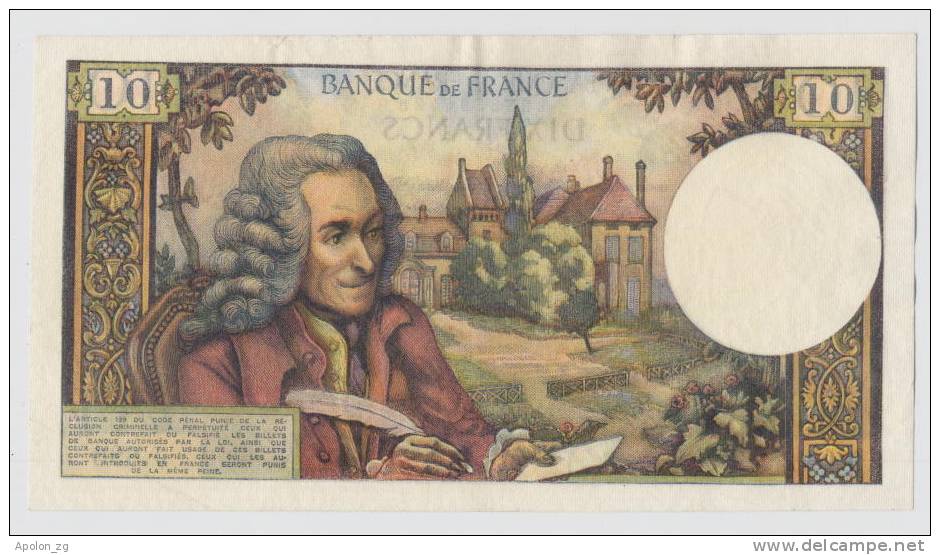 FRANCE: 10 Francs 2.8.1973 XF  *VOLTAIRE * One Very Small Almost Invisible Pin Hole! - 10 F 1963-1973 ''Voltaire''
