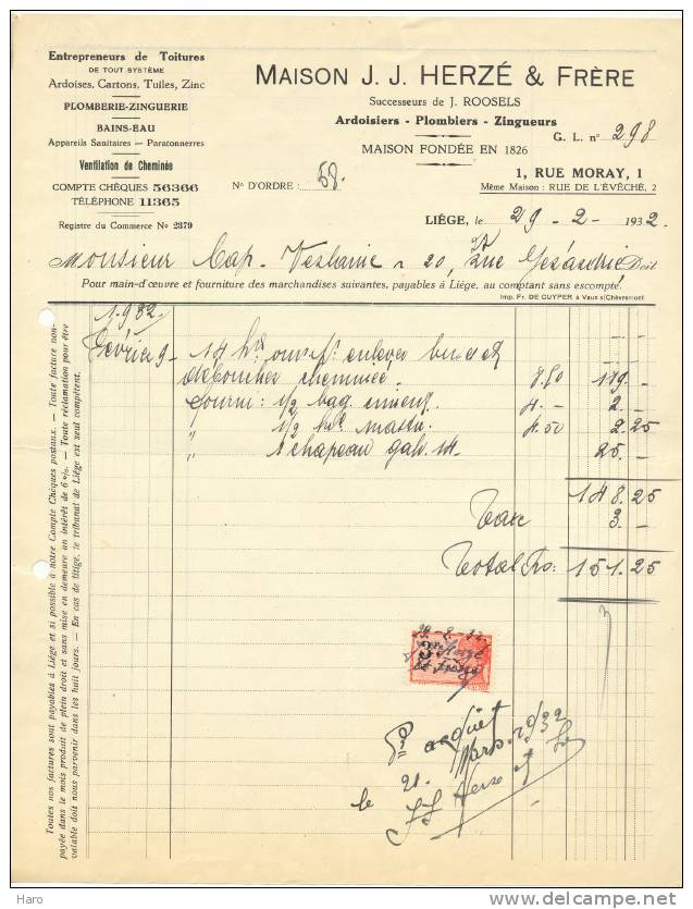 LIEGE - Facture Maison J.J. HERZE & Frère 1932 - Ardoisiers - Plombiers - Zingueurs (sf30) - Other & Unclassified