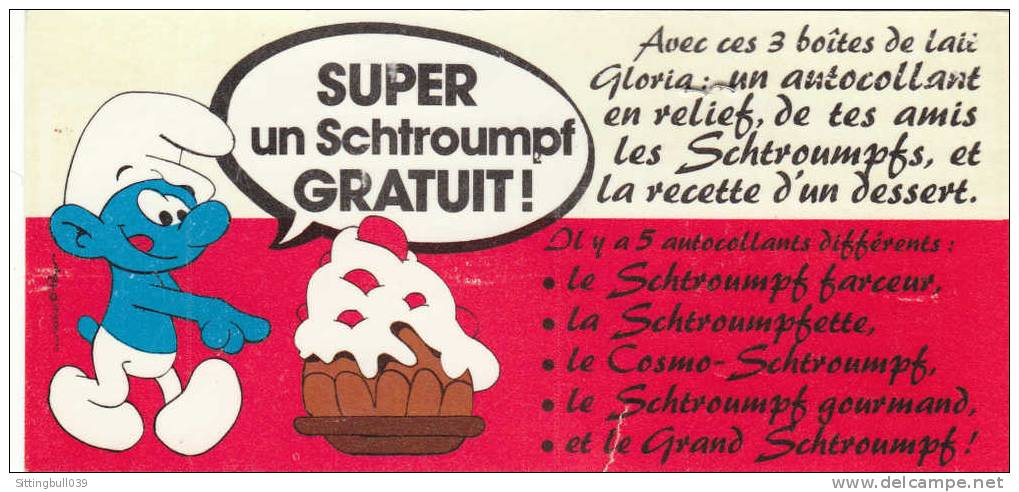 PEYO. PUB LAIT GLORIA 1982. Le Schtroumpf Gourmand. Autocollant En Relief Sur Son Support Pub D´origine. - Advertentie