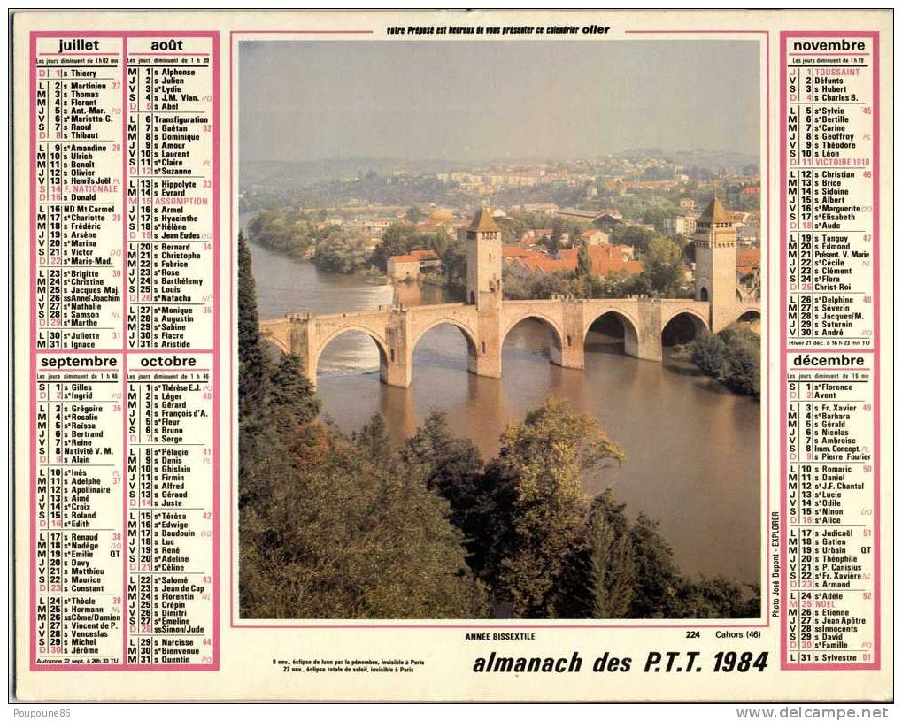 ALMANACH CALENDRIER  PTT DOUBLE  1984  VIENNE - OLLER  - PAYSAGE - Big : 1981-90