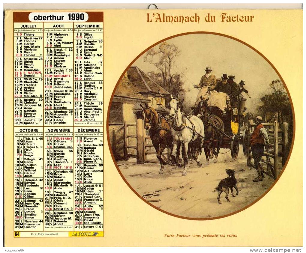 ALMANACH CALENDRIER  PTT DOUBLE  1990  VIENNE - OBERTHUR   - ATTELAGES - Formato Grande : 1981-90