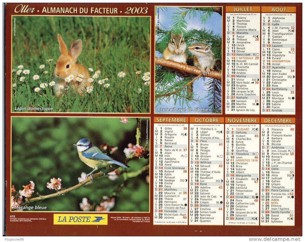 ALMANACH CALENDRIER  PTT DOUBLE  2003-VIENNE - OLLER - ANIMAUX - Grand Format : 2001-...