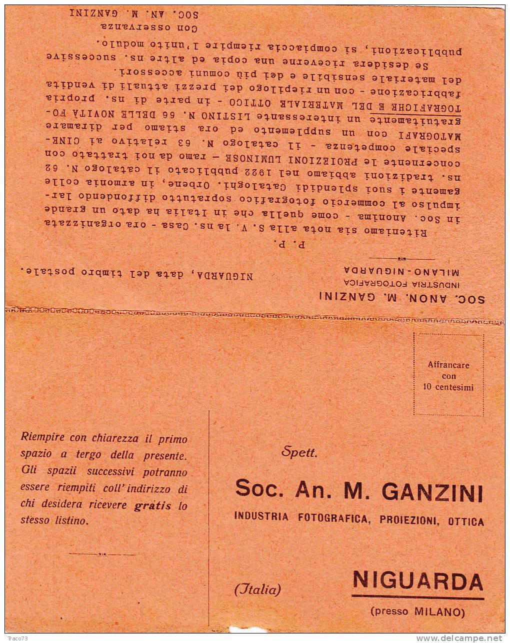 NIGUARDA - PALERMO  - Card / Cartolina Pubbl. 22.6.1923 - " INDUSTRIA FOTOGRAFICA - M. GANZINI " Leoni . Cent. 10 - Publicité