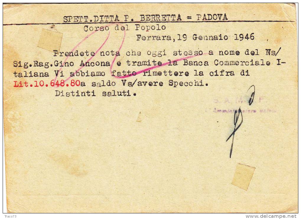 FERRARA - PADOVA - / Cartolina Pubbl. 21.1.1946 - Firma " Soc. An. SAMAF - Merc. Abbigliam. " Imp. S.F. Lire 1+ 20 Cent. - Marcophilie