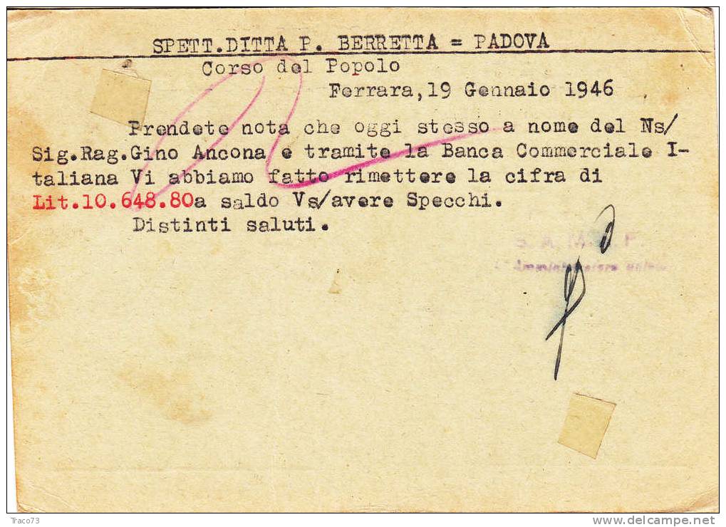 FERRARA - PADOVA - / Cartolina Pubbl. 21.1.1946 - Firma " Soc. An. SAMAF - Merc. Abbigliam. " Imp. S.F. Lire 1+ 20 Cent. - Marcophilia