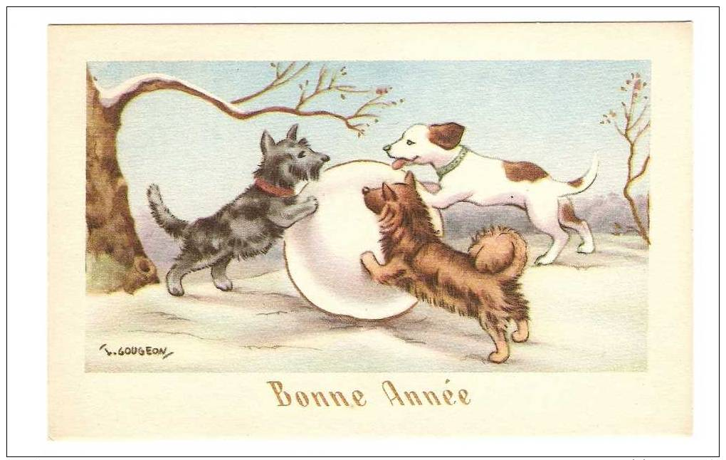 CPA  BONNE ANNEE / 3 CHIENS AVEC BOULE DE NEIGE - Nouvel An