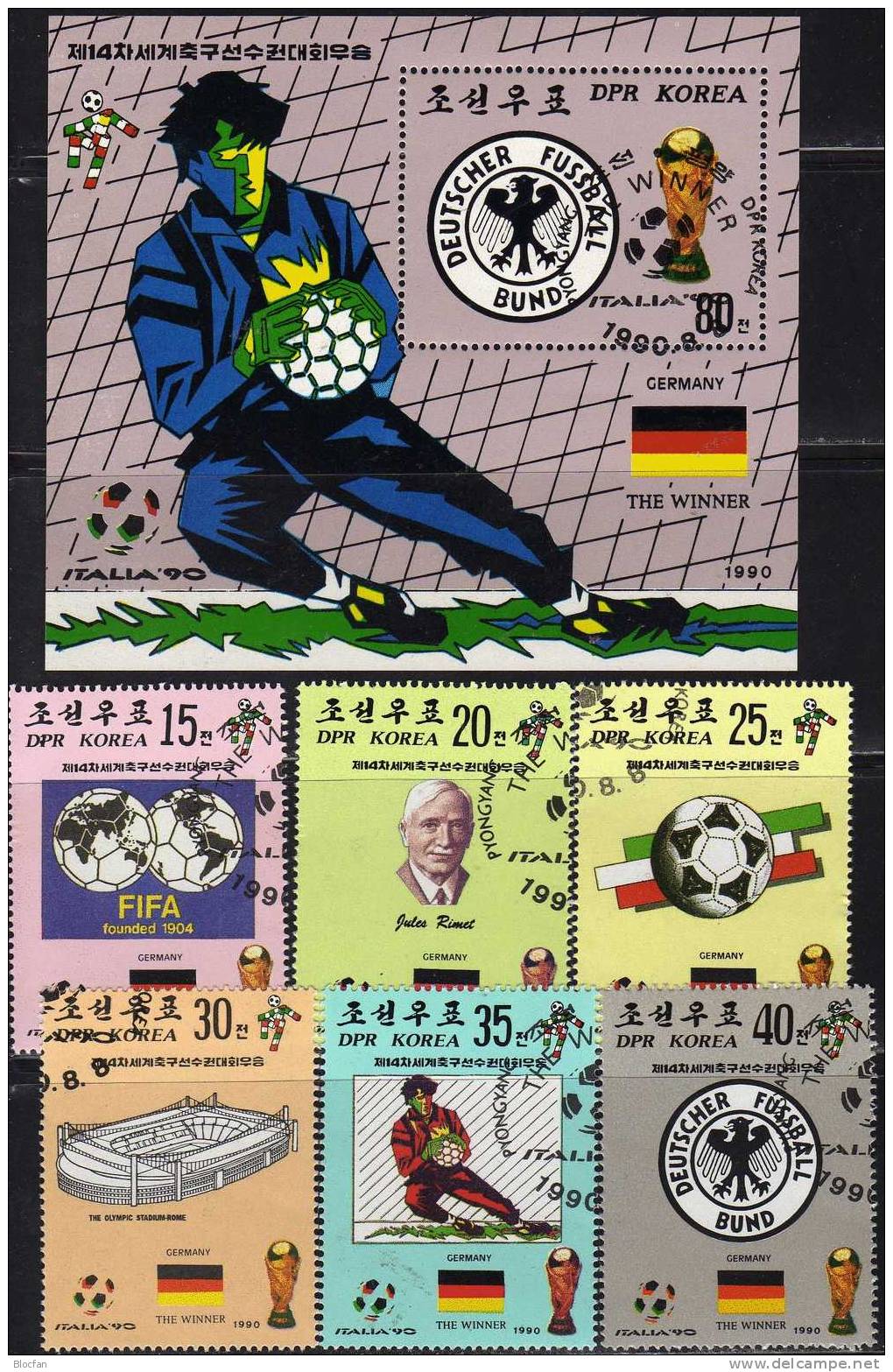 Fussball WM In Italien 1990 Flagge Korea 3120/6 Plus Block 256 O 7€ Sieg Von Germany Flag Bloc Soccer Sheet From Corea - Corée Du Nord