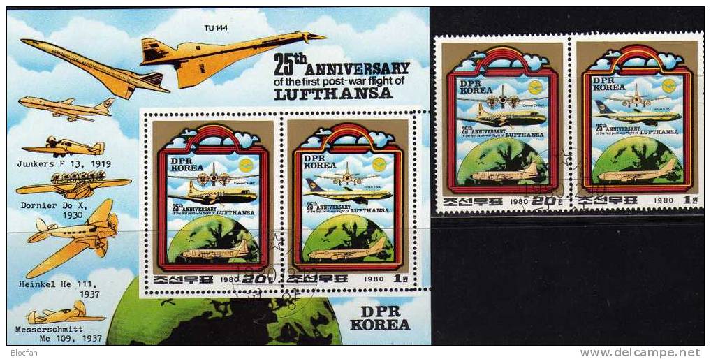 Lufthansa Germany Erstflüge 1980 Korea 2062/3, ZD Plus 2xKleinbogen O 58€ Flugzeug-Typen Airplaine Sheetlet From Corea - Korea (Noord)