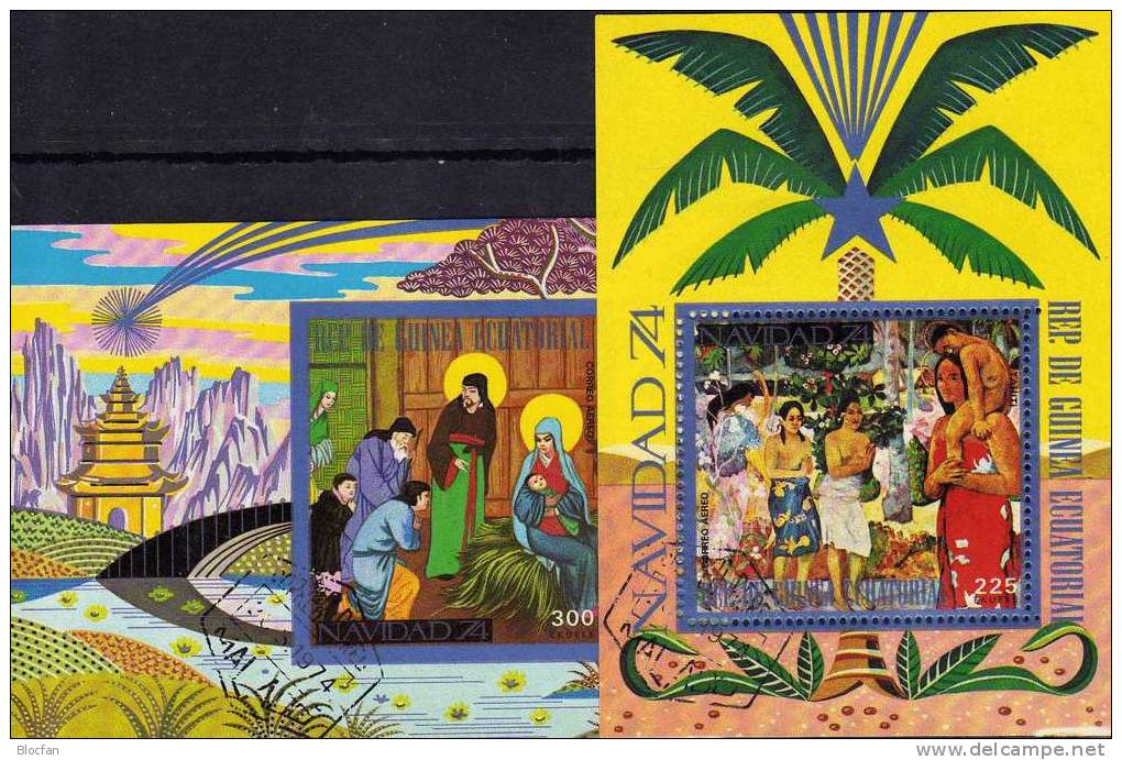 Christmas In Tahiti China 1974 Guinea Äquatorial Block 132+ 133 O 5€ Weihnachten Gemälde Painting Bloc Sheet From Africa - Equatorial Guinea