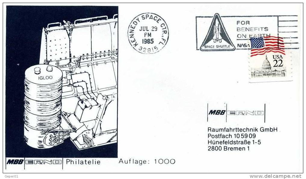 LANCEMENT STS 51 F SPACELAB Enveloppe Illustrée MBB ERNO KSC Le 29/7/1985 - Europe