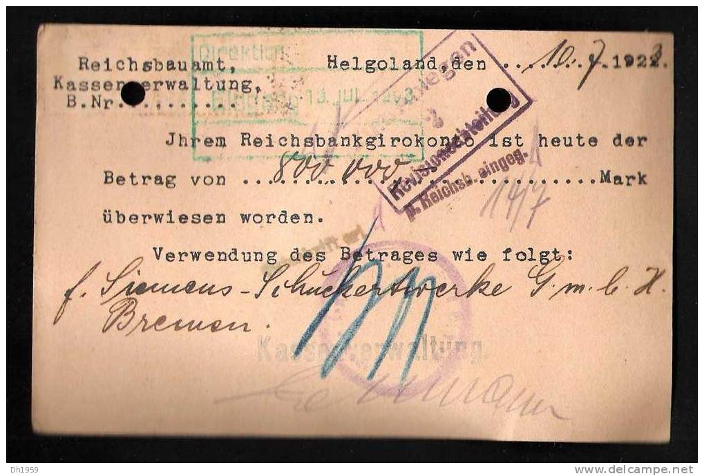 POSTKARTE REICHSBAUAMT COMMERZBANK PRIVATBANK CUXHAFEN ZWEIGSTELLE HELGOLAND NACH BREMEN 1922 - Helgoland