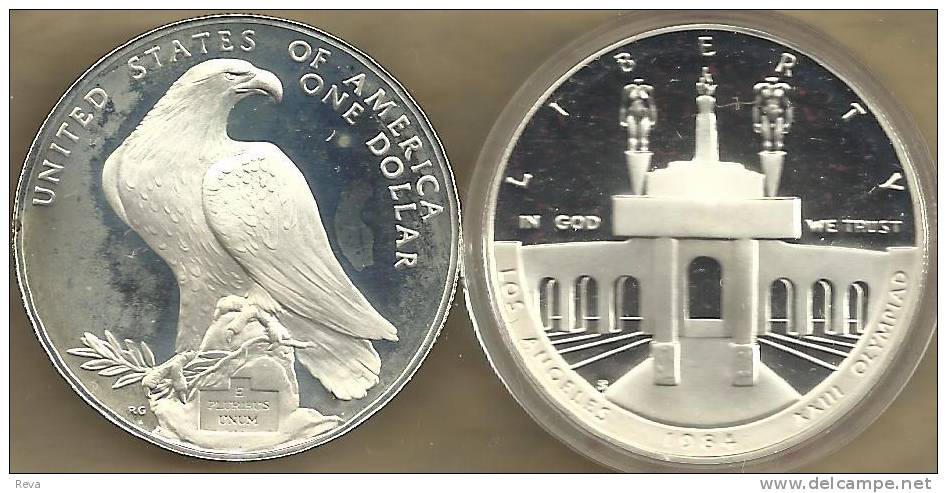 USA UNITED STATES 1 DOLLAR OLYMPIC LA BUIDING FRONT 1984S PROOF SILVER KM? READ DESCRIPTION CAREFULLY !!! - Commemorative