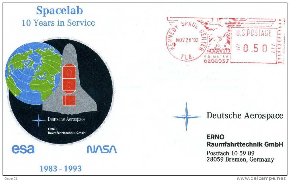 SPACELAB 10 Ans En Service Enveloppe Illustrée MBB ERNO Ema KSC Le 28/11/1993 - Europe
