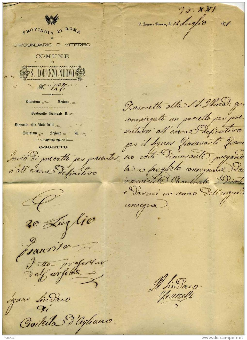 717-1871 Lettera SAN LORENZO NUOVO-CIVITELLA D'AGLIANO-carta Intestata COMUNE - Storia Postale