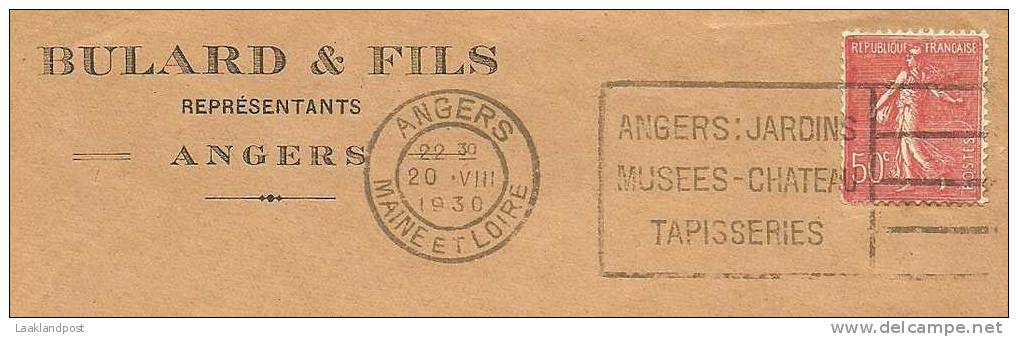 France Firm Cover Meter ANGERS: Jardins, Musees, Chateau, Tapisserie, 20-8-1930  (E1387) - Lettres & Documents