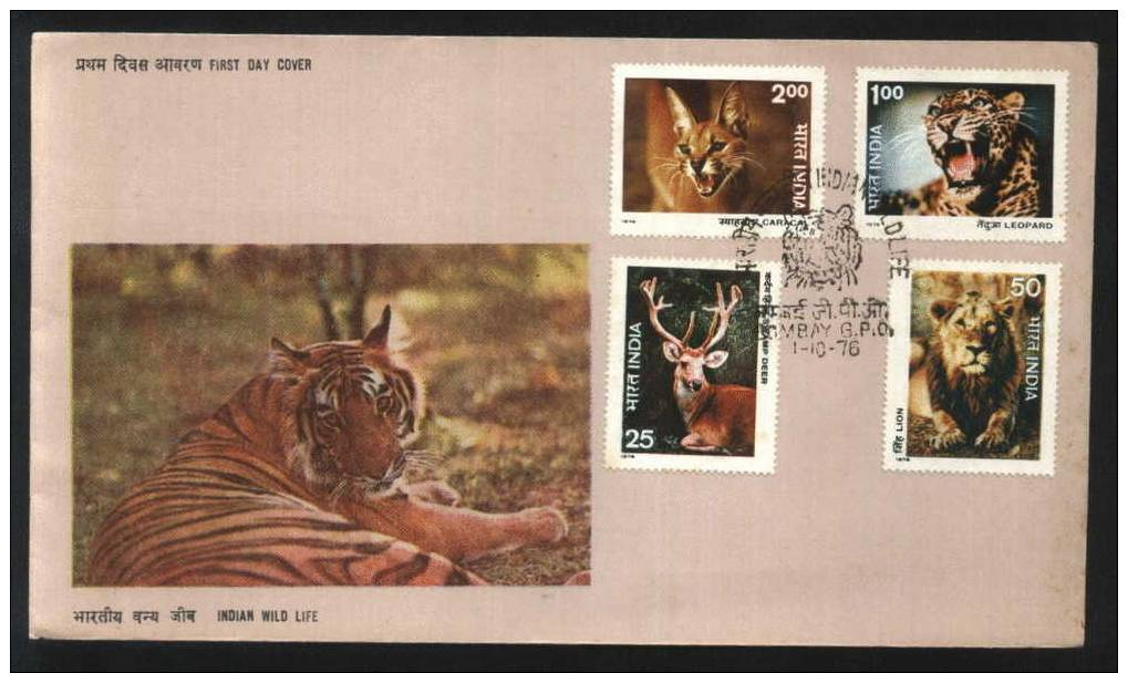 1976 India Animals. Cat, Lion, Tiger, Deer First Day Cover, FDC - Autres & Non Classés