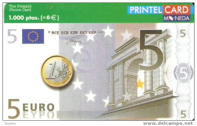 TARJETA DE UN BILLETE DE 5 EUROS Y UNA MONEDA DE 1 EURO DE ESPAÑA - Sellos & Monedas