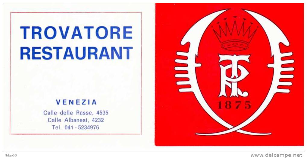 Venise (Venezia) - Carte De Visite Restaurant Trovatore - Publicités