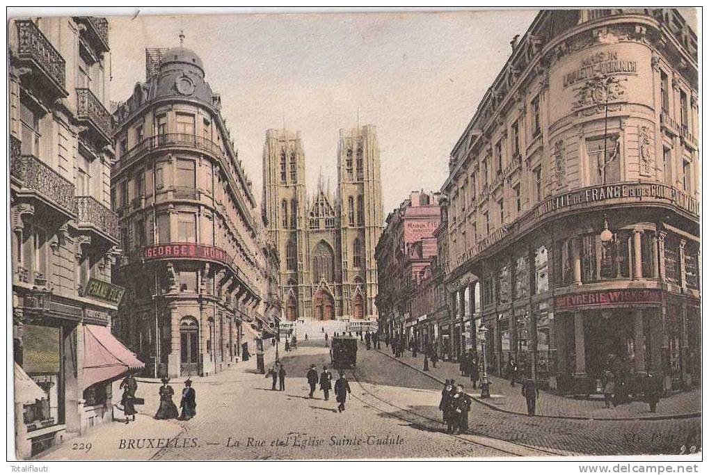 Bruxelles La Rue Et L'Eglise Sainte Gudule Tram La Mutuelle De France & Des Colonies Walter Barthe MAISON LAVALETTE 1908 - Monumenti, Edifici