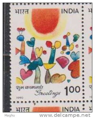 India 1990 MNH, Block Of 4, Greetings, Hearts & Flowers - Blocks & Kleinbögen