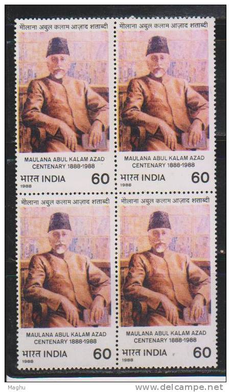 India 1988 MNH, Block Of 4, Maulana Azad, Freedom Fighter - Blokken & Velletjes