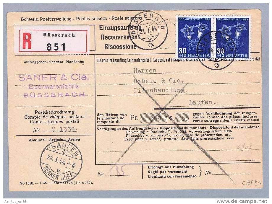 Schweiz Pro Juventute 1944-01-21 Büsserach R-Einzugsmandat Mit 2x 30Rp. Enzian Frankiert - Covers & Documents