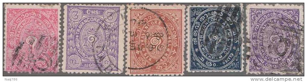 Feudatory State Travancore, 5 Diff., Used, India As Per The Scan - Travancore-Cochin