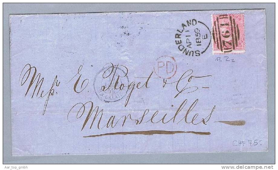 Grossbritanien 1859-04-11 Sunderland Brief Mit Mi#13Zz Four Pence Rosa Nach Marsaille - Storia Postale