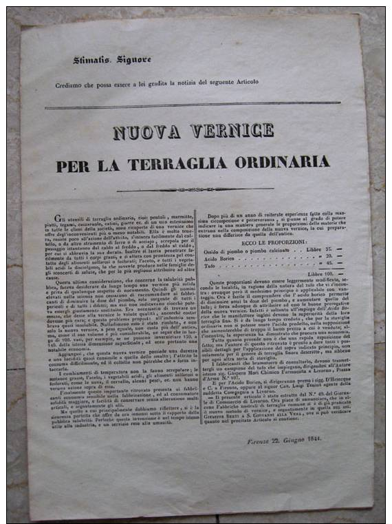 DOCUMENTO REGOLAMENTO NUOVA VERNICE TERRAGLIA ORDINARIA SAN GIOVANNI ALLA VENA PISA ANNO 1844 - Documenti Storici
