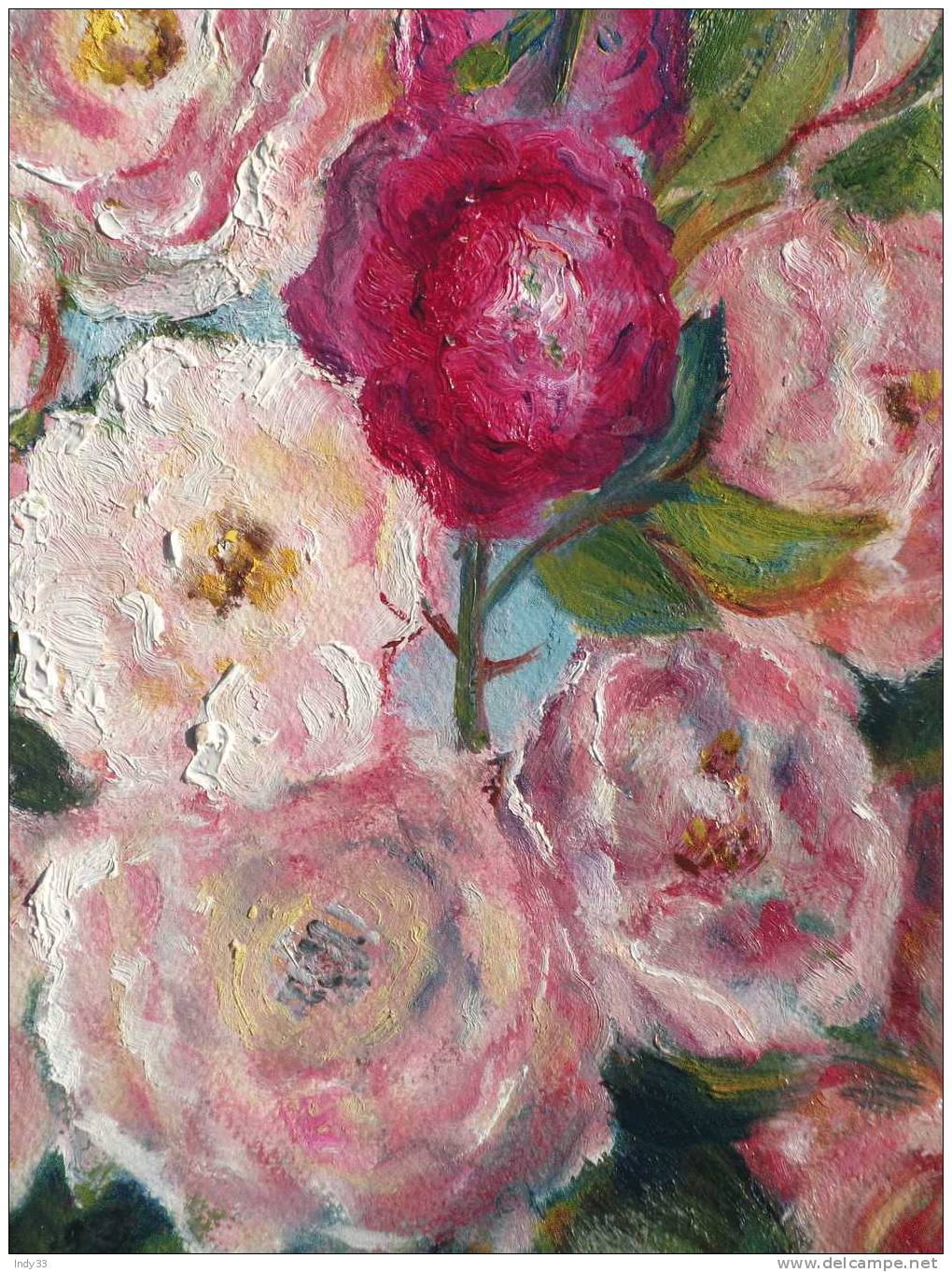 - ROSES. HUILE SUR PAPIER  . DECOUPEE  ET SIGNEE - Huiles