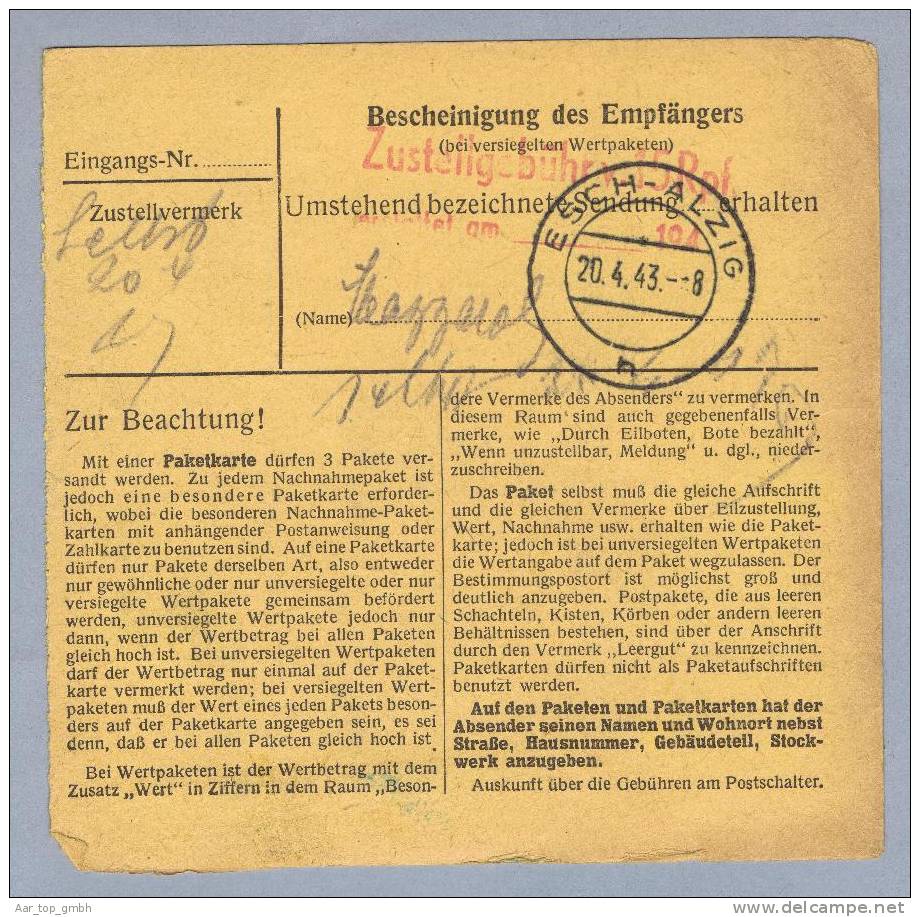Luxemburg 1943-04-19 Paketkarte DR-Frankatur 45 Pfennige Nach Esch - 1940-1944 Occupazione Tedesca