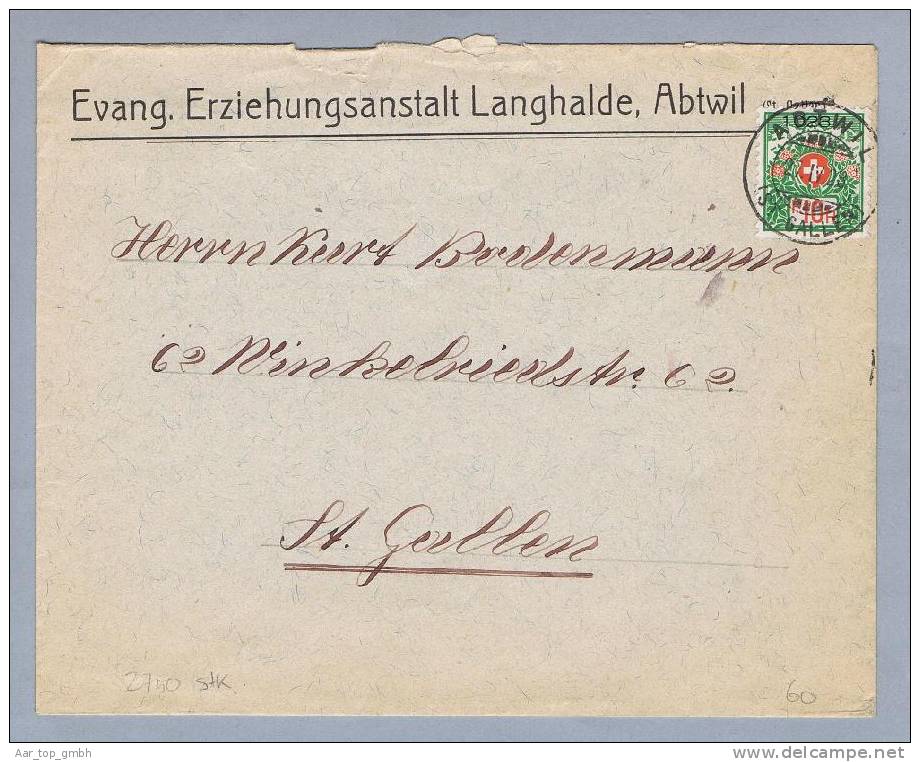 Heimat SG Abtwil 1923-04-27 Portofreiheit-Brief Gr#1023 Evang. Erziehungsanstalt Langhalde Zu#12A 2750 Marken Abgeg. - Franchigia