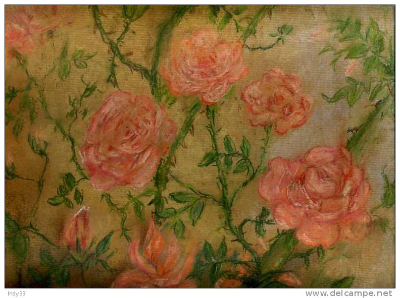 - ROSES. PASTEL SEC SUR PAPIER  COLLE SUR CARTON . TRACE DE SIGNATURE  EN BAS ? - Pastels