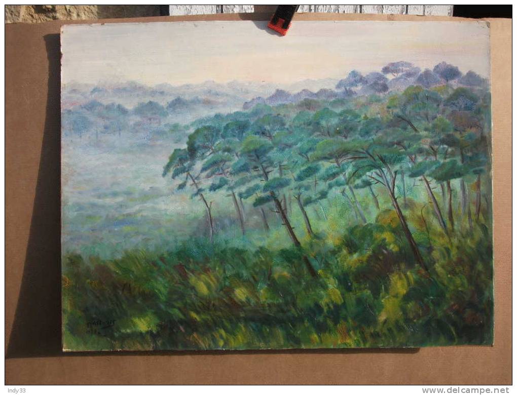 - FORÊT DE PINS . ARCACHON ? . HUILE SUR PAPIER  CONTRE-COLLE SUR PANNEAU  . SIGNEE ET DATEE 1989 EN BAS - Pastels